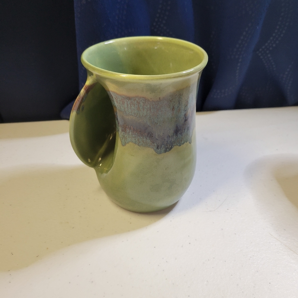 Neher Clay in Motion Hand Warming Mug Cup Pottery left Hand Green Blue Signed